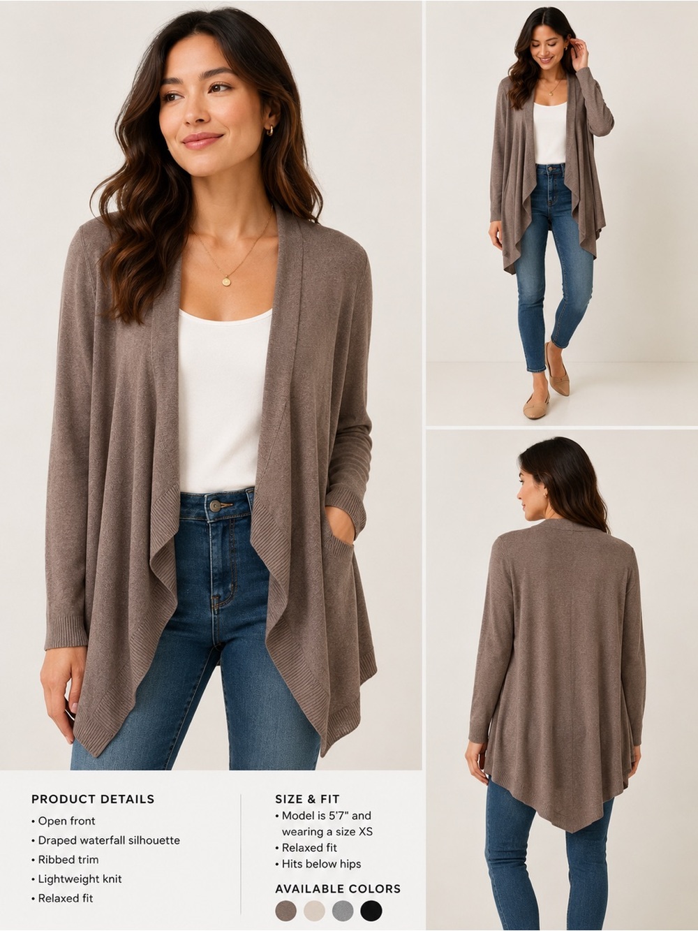 LOFT Petites Taupe Open Front Cardigan Sweater Silk Blend Lightweight LP